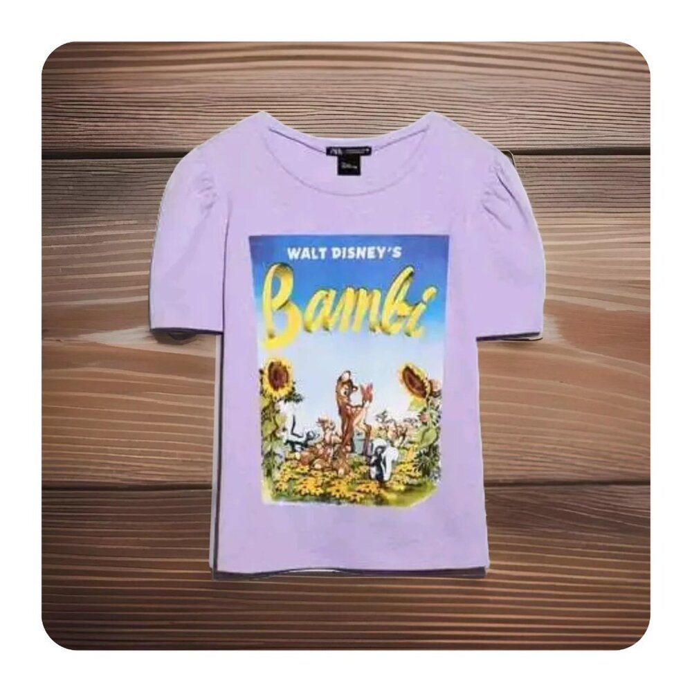 ZARA x DISNEY Film Print Bambi Women's T-Shirt Purple LARGE Disneyland Animals